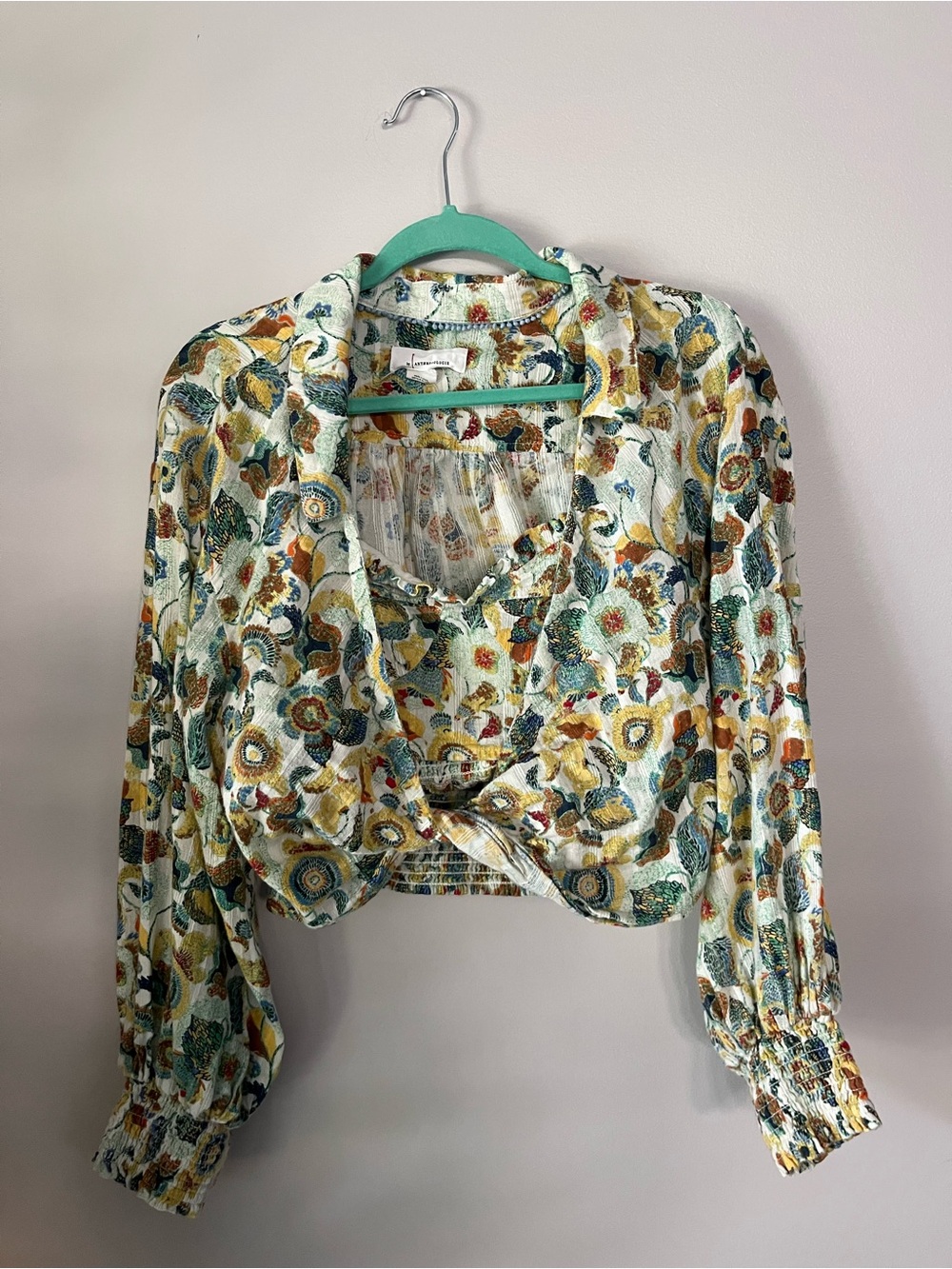 Anthropologie Cropped Twist-Front Blouse in Cream, Green, Mustard